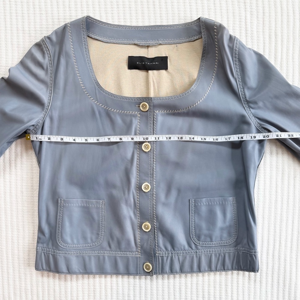 Elie Tahari Blue Grey Leather Blazer Jacket Top - Picture 5 of 7